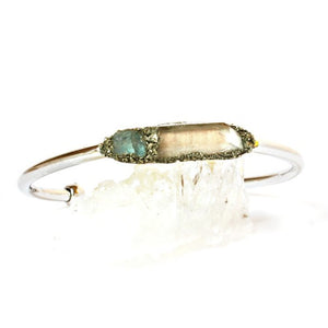 Aquamarine and clear quartz bracelet with silver band