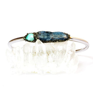 natural turquoise and kyanite bracelet set in crushed pyrite