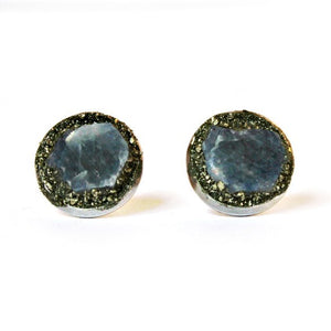 Natural Sapphire Stud Earrings Set in Crushed Pyrite